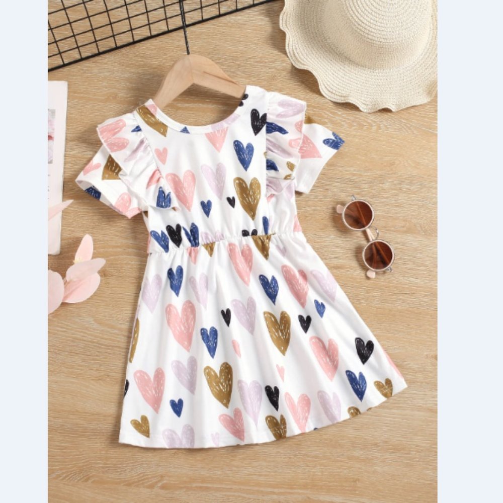 Girls Heart Print Ruffle Shoulder Dress - Picture 1 of 6